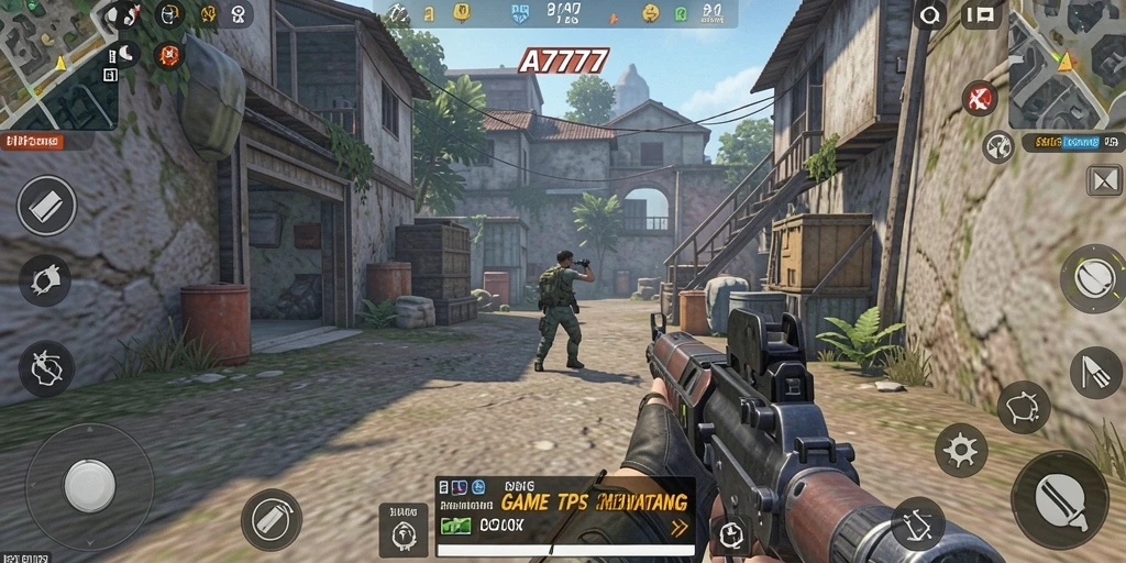 Tampilan gameplay menegangkan A7777 dalam mode TPS.