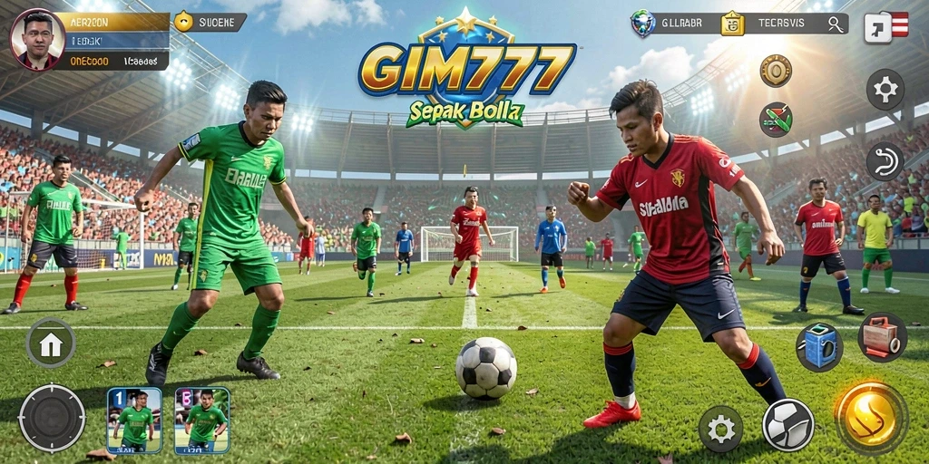 Tampilan dinamis gameplay GIM777 yang mendebarkan dengan suasana pertandingan sepak bola.