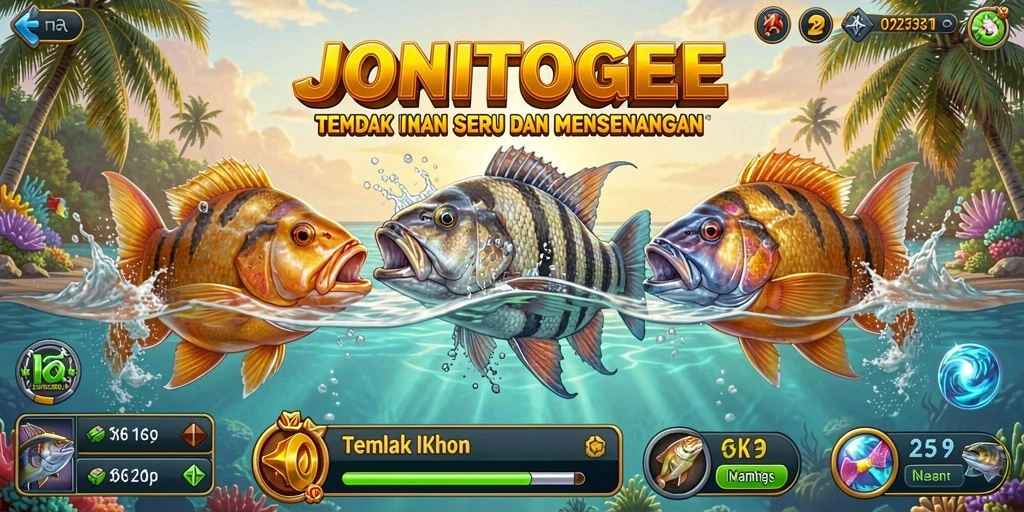 Screenshot gameplay <strong>JONITOGEL</strong> menampilkan aksi seru menembak ikan.