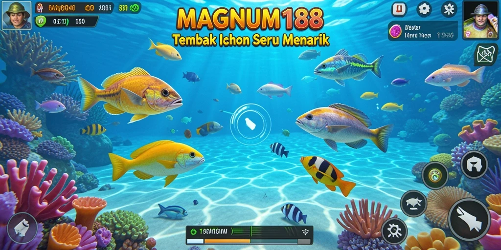 Screenshot gameplay MAGNUM188 menunjukkan aksi seru menembak ikan.