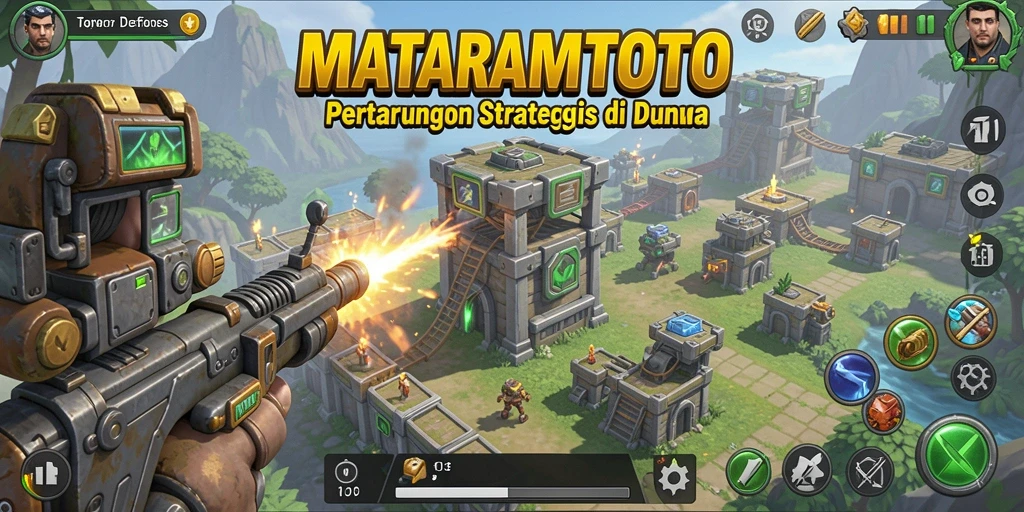 Screenshot gameplay <strong>MATARAMTOTO</strong> yang menampilkan menara dan musuh.