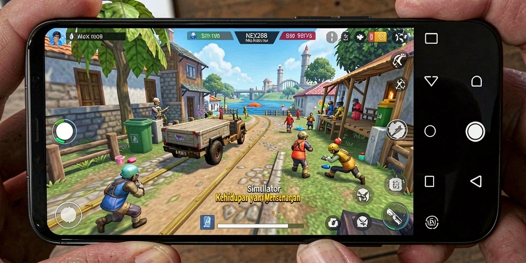 Screenshot gameplay NEX288 menunjukkan interaksi karakter di dunia simulasi.