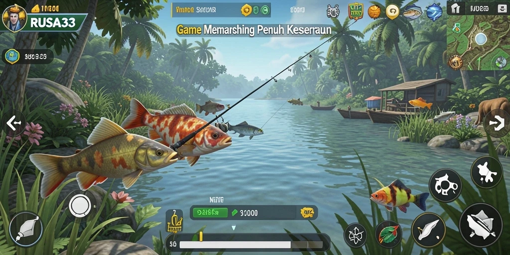 Screenshot utama RUSA33 menampilkan keseruan gameplay memancing yang menawan.
